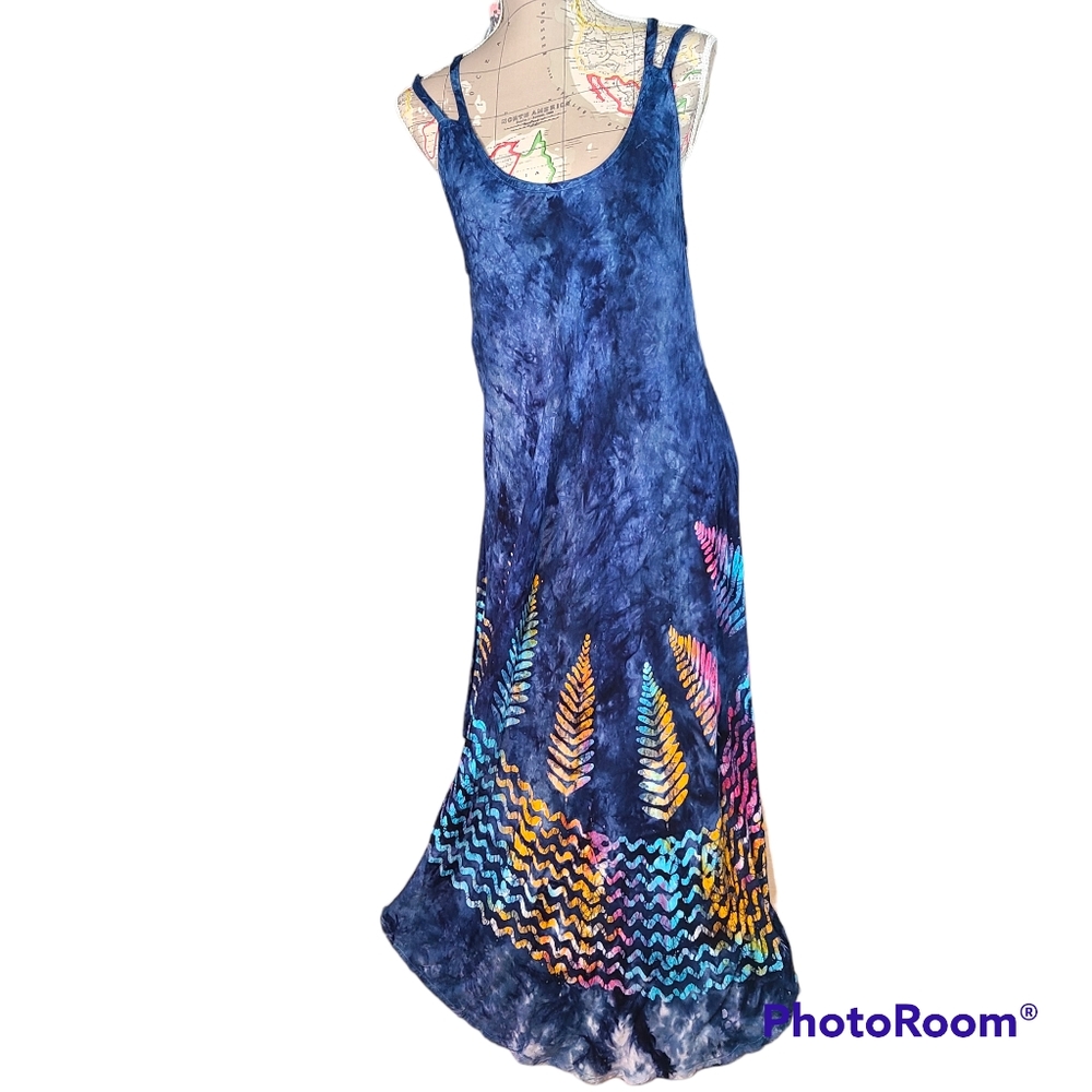INDIA BOUTIQUE Strappy Maxi Dress Navy Colorful Tie-Dye Size Small Beach Travel